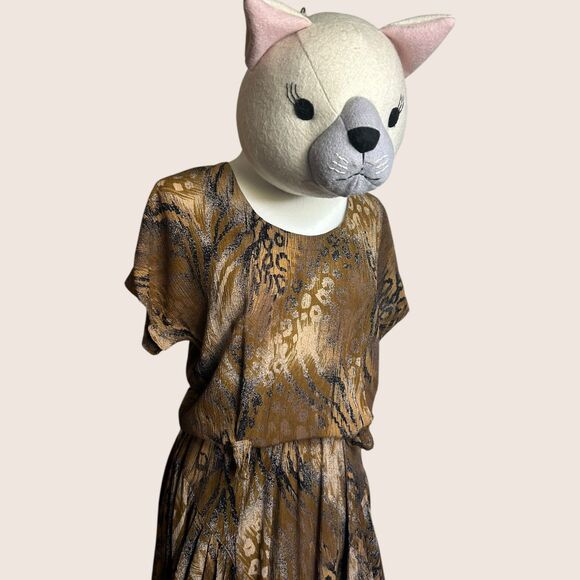 🐆 VTG 80s RABBIT RABBIT RABBIT DESIGNS ANIMAL CHEETAH PRINT DRAPE FRONT DRESS - Picture 2 of 12